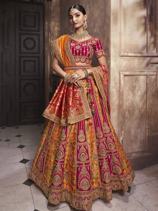 Mustard And Rani Pink Banarshi Silk Lehenga